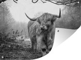 Muurdecoratie buiten Schotse Hooglander - Bos - Mist - Koe - Dieren - Natuur - 160x120 cm - Tuindoek - Buitenposter