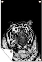 Tuinposter - Tuindoek - Tuinposters buiten - Slaperige tijger op een zwarte achtergrond - zwart wit - 80x120 cm - Tuin