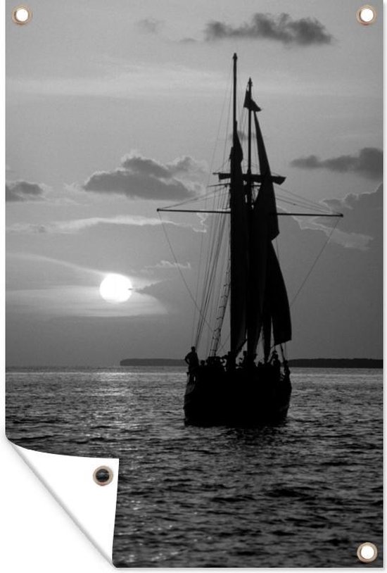 Décoration de jardin Bateau sur l'eau au coucher du soleil à Key West - noir et blanc - 40x60 cm - Poster jardin - Toile jardin - Poster extérieur
