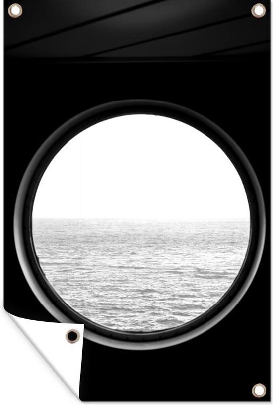 Tuindecoratie Uitzicht op de zee door een rond raam - zwart wit - 40x60 cm - Tuinposter - Tuindoek - Buitenposter