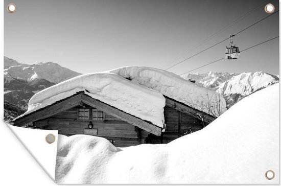 Tuinposter - Tuindoek - Tuinposters buiten - Sneeuw op een hut in Zwitserland - zwart wit - 120x80 cm - Tuin