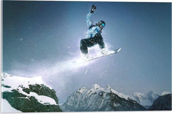Acrylglas - Vliegende Snowboarder  - 60x40cm Foto op Acrylglas (Met Ophangsysteem)