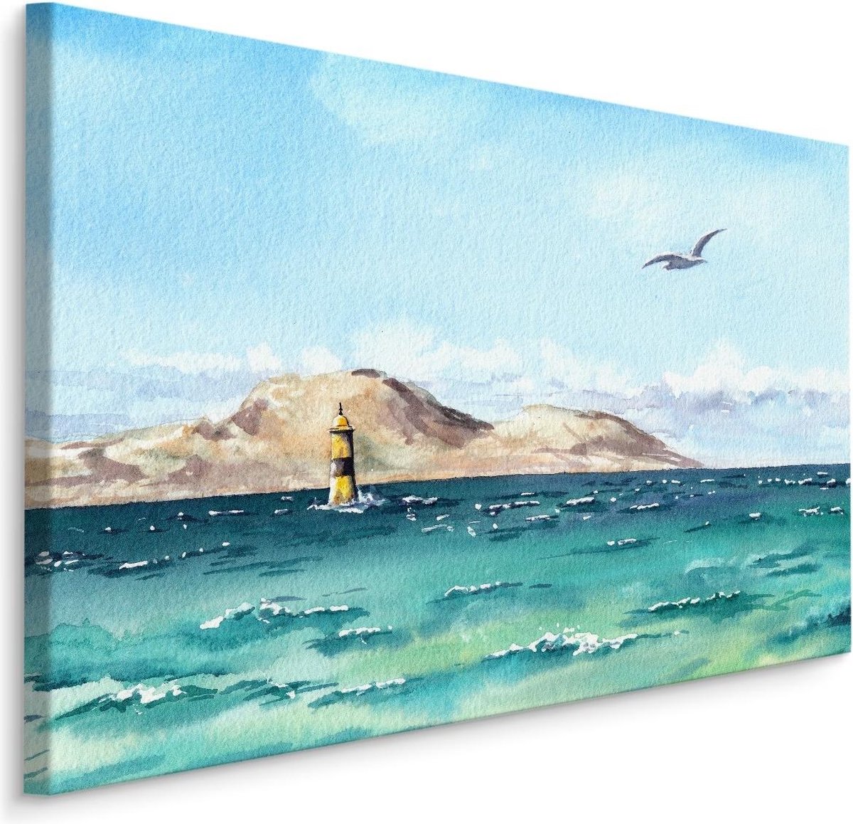 karo-art Schilderij Vuurtoren in de zee (print op canvas), blauw, premium print Multikleur