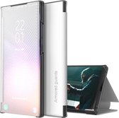 Voor Samsung Galaxy A50 Koolstofvezel Textuur Bekijk Tijd Horizontale Flip Leather Case met Houder & Touch Call Display ID (Wit)