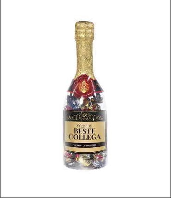 Snoep - Champagnefles - Voor de beste collega - Gevuld met verpakte Italiaanse bonbons - In cadeauverpakking met gekleurd lint