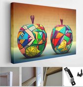 Two decorative apple, made of wood and painted by hand paints. Handmade. Modern single-piece art - Modern Art Canvas - Horizontal - 258943670 - 80*60 Horizontal