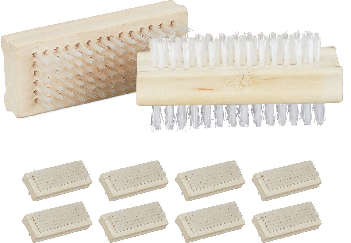 nagelborstel hout - 10 stuks - dubbelzijdige handborstel - harde haren - 4 x 9 x 3,5 cm