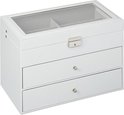 Witte brillenkoker met glazen deksel en 2 lades.