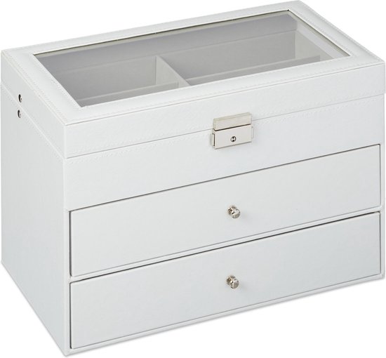 Witte brillenkoker met glazen deksel en 2 lades.