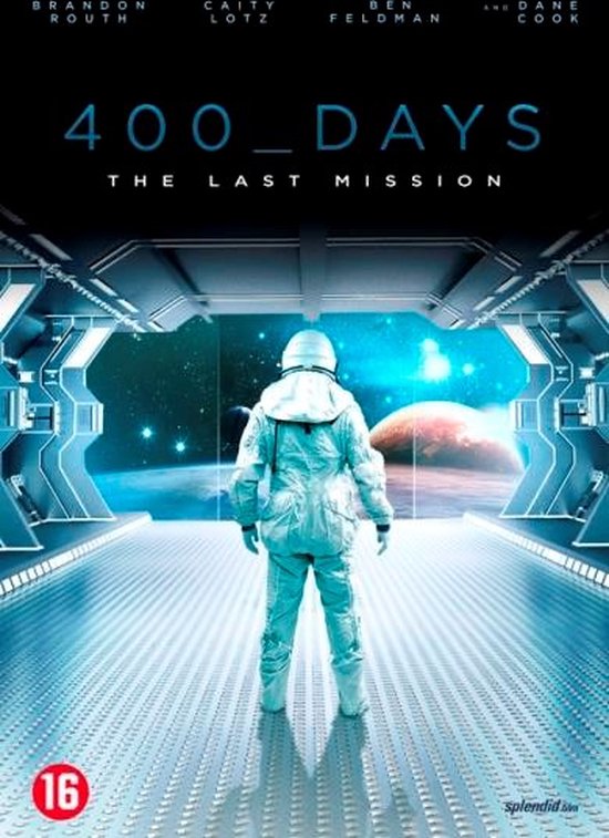Filmposter voor '400 Days: The Last Mission' met een astronaut in een futuristische gang, kijkend naar de ruimte.