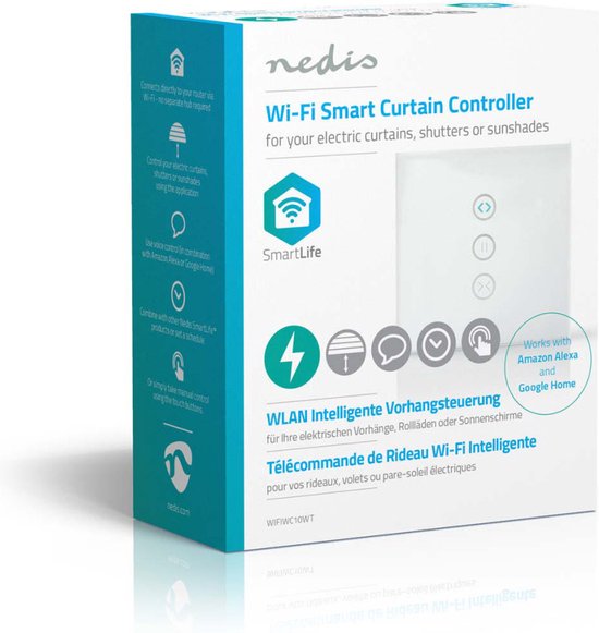 Verpakking Nedis Wi-Fi Smart Curtain Controller met informatie over bediening, compatibiliteit met Alexa en Google Home.
