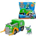 Paw Patrol Rocky recyclewagen in verpakking en losse speelgoedset met truck en Rocky-figuur. Felgroen met oranje details.