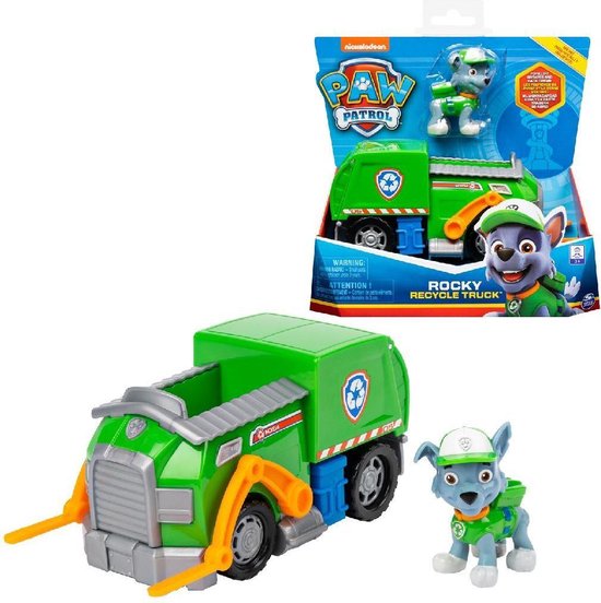 Paw Patrol Rocky recyclewagen in verpakking en losse speelgoedset met truck en Rocky-figuur. Felgroen met oranje details.