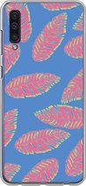 Samsung Galaxy A50 Telefoonhoesje - Transparant Siliconenhoesje - Flexibel - Met Plantenprint - Tropische Blaadjes - Donkerblauw