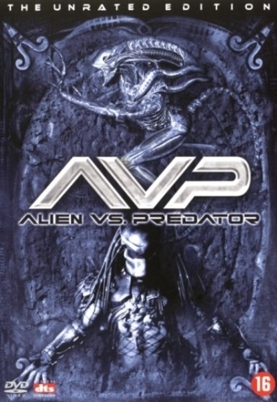 DVD-cover voor Alien vs. Predator met de titel 'The Unrated Edition' bovenaan. Centraal staat de titel 'AVP ALIENS VS PREDATOR' boven een afbeelding van een Predator en een Alien tegen een rotsachtige achtergrond.