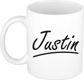 Justin naam cadeau mok / beker met sierlijke letters - Cadeau collega/ vaderdag/ verjaardag of persoonlijke voornaam mok werknemers