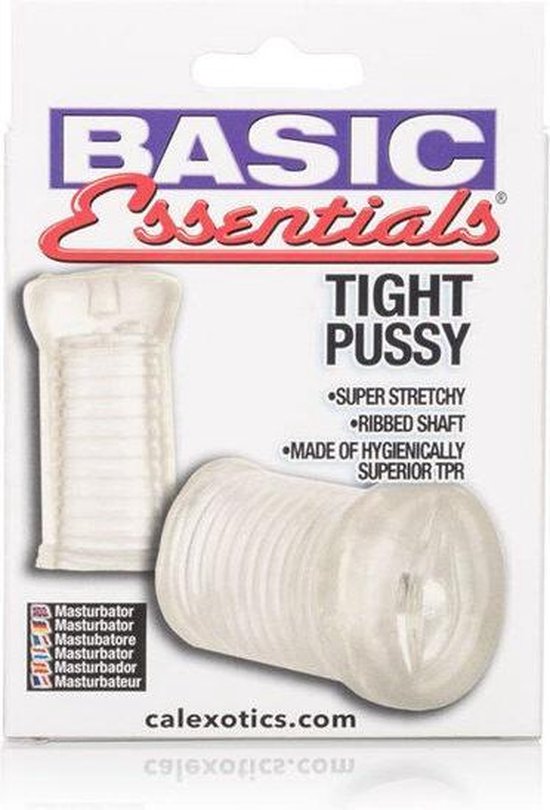 Verpakking Calexotics Basic Essentials Tight Pussy masturbator. Bevat productafbeeldingen en tekst.