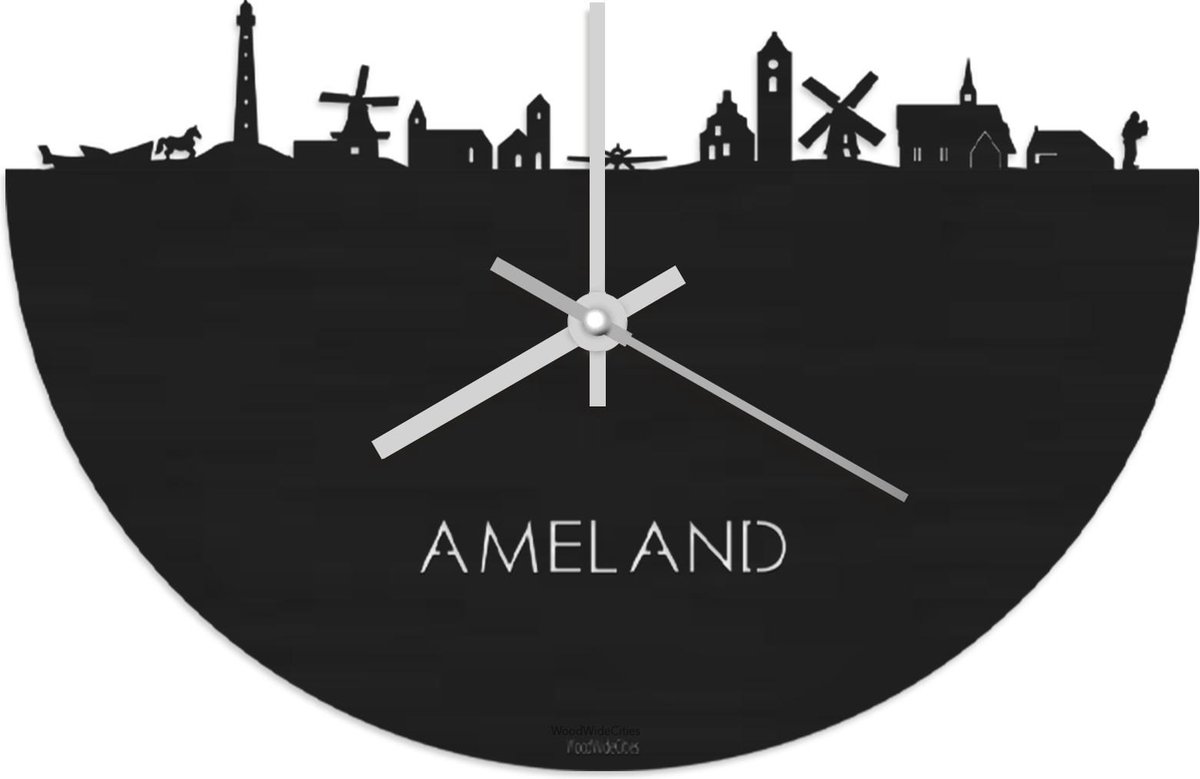 Skyline Klok Ameland Zwart hout - Ø 40 cm - Stil uurwerk - Wanddecoratie - Meer steden beschikbaar - Woonkamer idee - Woondecoratie - City Art - Steden kunst - Cadeau voor hem - Cadeau voor haar - Jubileum - Trouwerij - Housewarming - WoodWideCities