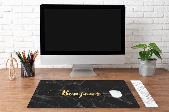 Bureau onderlegger 80x40 cm - Muismat Quote - Bonjour - Goud - Marmer print - Bureaulegger xl - Desk mat beschermer - Computer muismatten