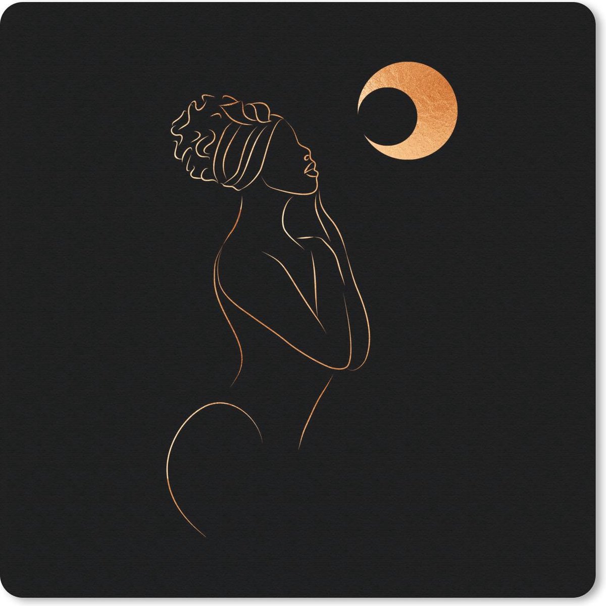 Muismat 20x20 cm - Mousepad Vrouw - Maan - Black and gold - Line art - Muismatten