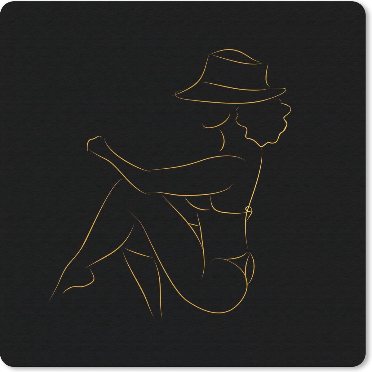 Muismat 20x20 cm - Mousepad Vrouw - Hoed - Black and gold - Line art - Muismatten