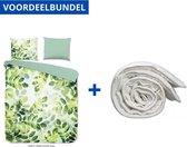 Luxe Zachte Dekbedovertrek Tweepersoons - 200x200/220cm - Inclusief 2 Kussenslopen - 100% Versterkt Katoen - Groen - Sunny Leaves + Wasbaar Microfiber Dekbed - 200x200cm - Wit