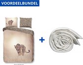 Luxe Zachte Dekbedovertrek Tweepersoons - 200x200/220cm - Inclusief 2 Kussenslopen - 100% Versterkt Katoen - Zand - Cheetah + Wasbaar Microfiber Dekbed - 200x200cm - Wit