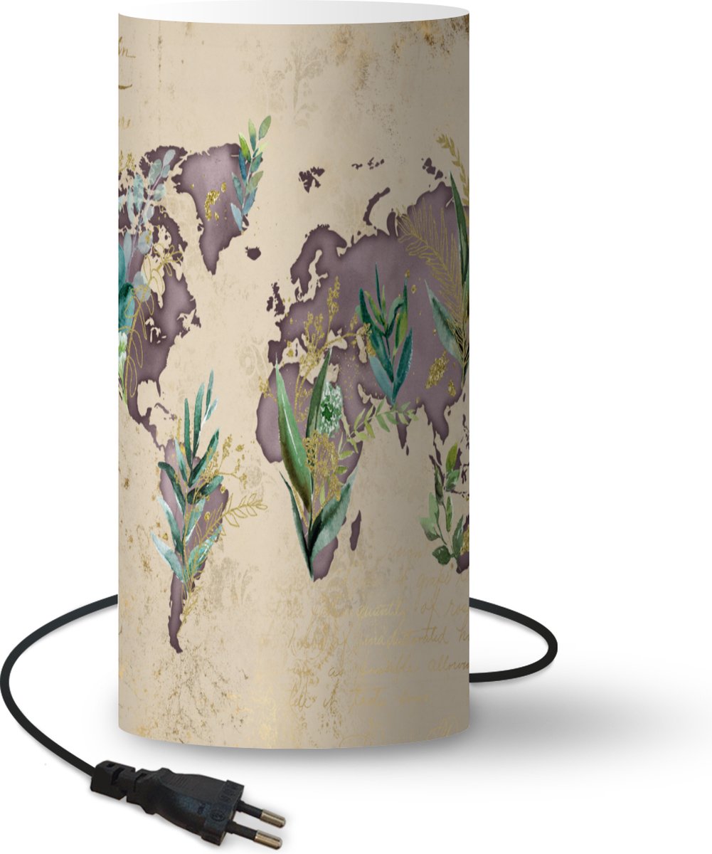 Lamp - Nachtlampje - Tafellamp slaapkamer - Wereldkaart - Vintage - Goud - 33 cm hoog - Ø15.9 cm - Inclusief LED lamp