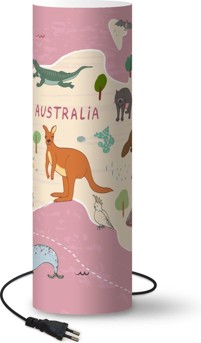 Lamp Wereldkaart met dieren - Kaart van Australië met dieren in roze lamp - 60 cm hoog - Ø19 cm - Inclusief LED lamp
