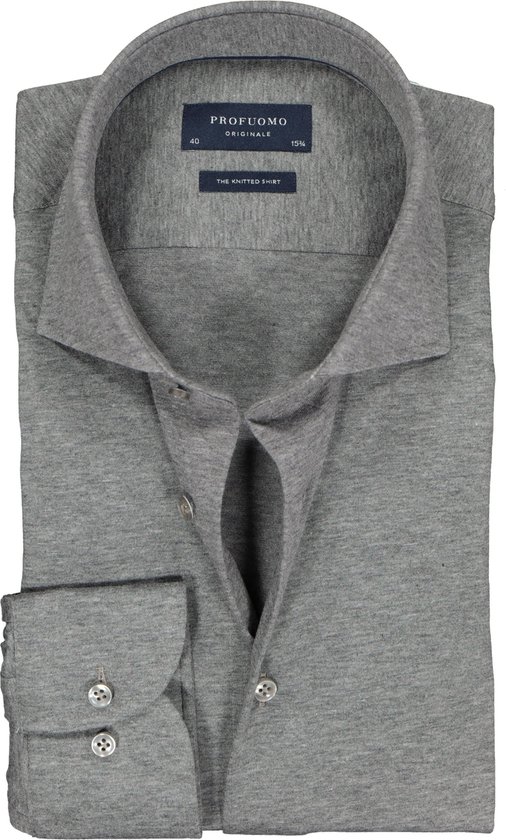Profuomo slim fit jersey overhemd - knitted shirt - antraciet grijs melange - Strijkvrij - Boordmaat: 44