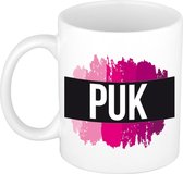 Puk  naam cadeau mok / beker met roze verfstrepen - Cadeau collega/ moederdag/ verjaardag of als persoonlijke mok werknemers