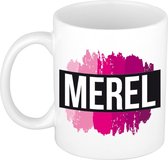 Merel  naam cadeau mok / beker met roze verfstrepen - Cadeau collega/ moederdag/ verjaardag of als persoonlijke mok werknemers