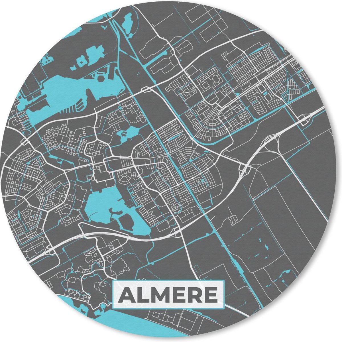 Muismat rond 40x40 cm - Mousepad Stadskaart - Almere - Grijs - Blauw - Ronde muismatten