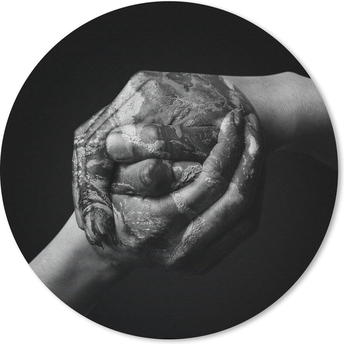 Muismat rond 40x40 cm - Mousepad Aarde - Hand - Zwart - Wit - Ronde muismatten