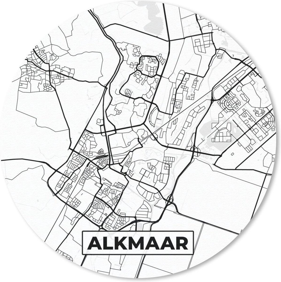 Muismat rond 50x50 cm - Mousepad Kaart - Alkmaar - Zwart - Wit - Ronde muismatten