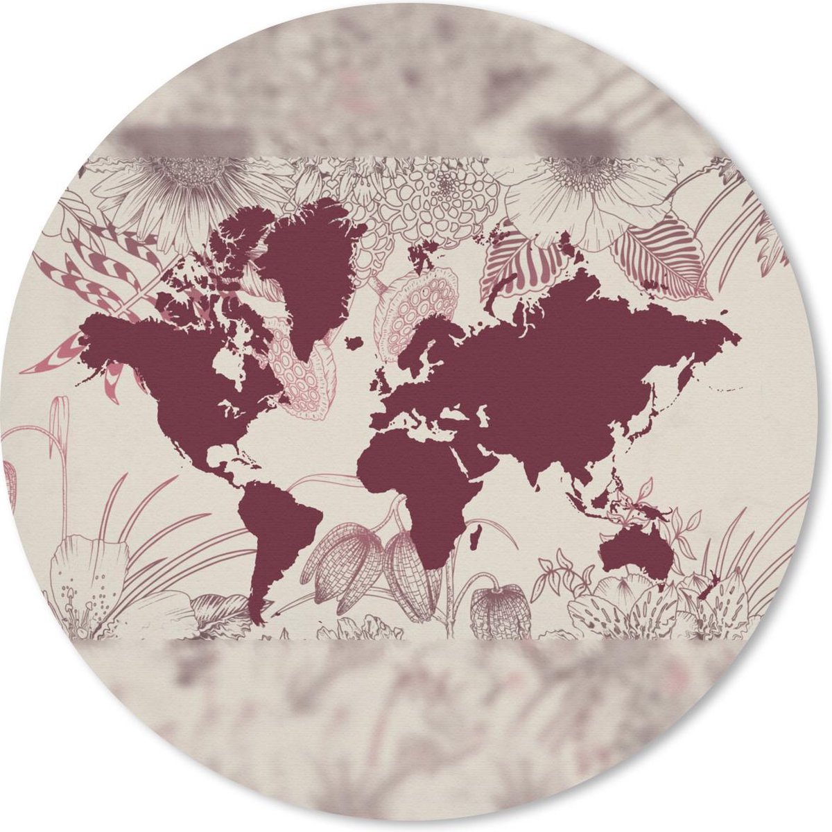 Muismat rond 40x40 cm - Mousepad Wereldkaart - Planten - Rood - Ronde muismatten