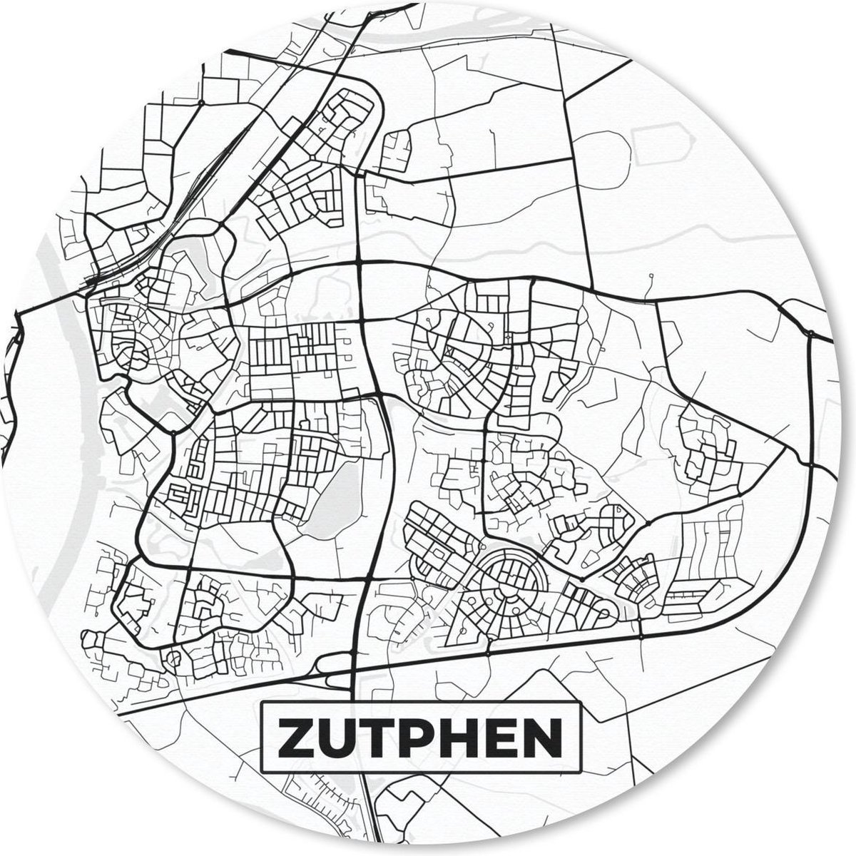 Muismat rond 40x40 cm - Mousepad Kaart - Zutphen - Zwart - Wit - Ronde muismatten