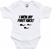 I won my first race tekst baby rompertje wit jongens en meisjes - Kraamcadeau - Babykleding 68 (4-6 maanden)