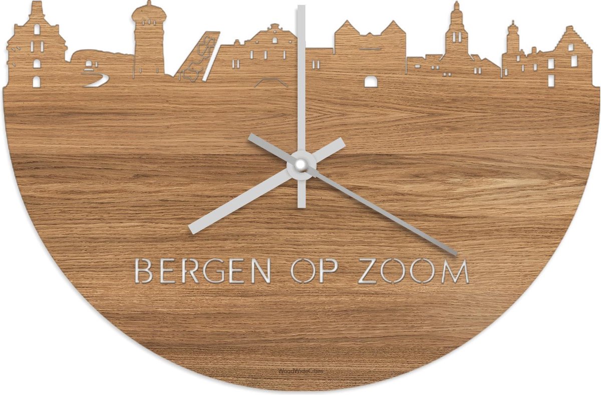 Skyline Klok Bergen op Zoom Eikenhout - Ø 40 cm - Stil uurwerk - Wanddecoratie - Meer steden beschikbaar - Woonkamer idee - Woondecoratie - City Art - Steden kunst - Cadeau voor hem - Cadeau voor haar - Jubileum - Trouwerij - Housewarming -