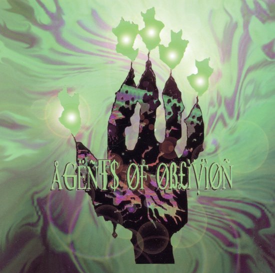 CD hoes met zwarte, druipende hand en groene, psychedelische achtergrond. Titel 'AGENTS OF OBLIVION'.