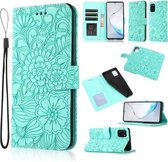 Voor Samsung Galaxy Note10 Lite/A81 Huid Voelen Reliëf Zonnebloem Horizontale Flip Lederen Case met Houder & Kaartsleuven & Portemonnee & Lanyard (Groen)