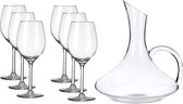 Glazen wijn karaf / decanteer kan van 1,5 liter met 6x stuks wijnglazen voor rode wijn 320 ml