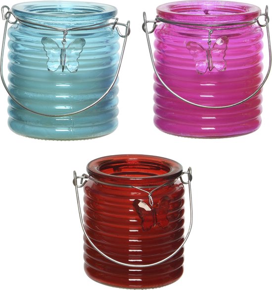 Set van 3x stuks citronella anti muggen kaarsen windlicht blauw, roze en rood 20 branduren