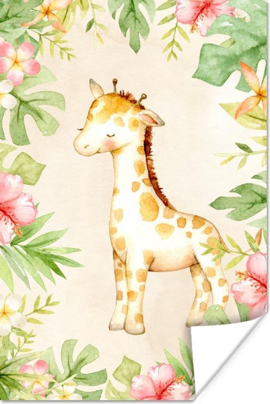 Poster Giraffe - Waterverf - Bloemen
