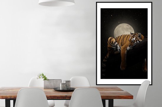 Poster in lijst - Fotolijst 80x120 cm - Posters - Tijger - Maan - Sterren - Posterlijst zwart - Decoratie - Wanddecoratie woonkamer - Muurdecoratie slaapkamer