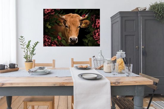 Poster Vache - Fleurs - Animaux - Marron - 120x80 cm