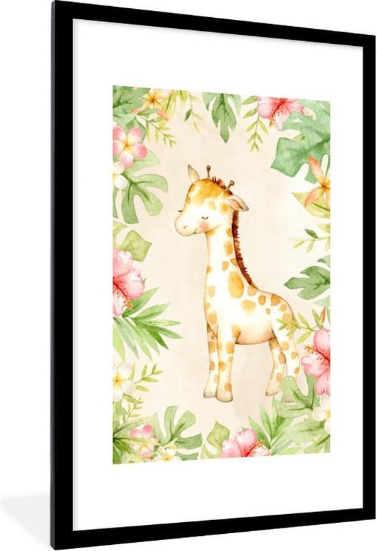 Fotolijst incl. Poster - Giraffe - Waterverf - Bloemen - 60x90 cm - Posterlijst