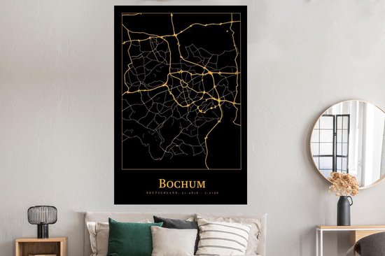 Poster 120x180 cm - Kaart - Bochum - Goud - Zwart - Posters - Kamer decoratie - Wanddecoratie woonkamer - Muurdecoratie slaapkamer XXL