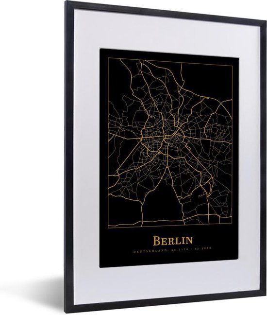 Affiche avec cadre Carte - Berlin - Zwart - Or - 30x40 cm