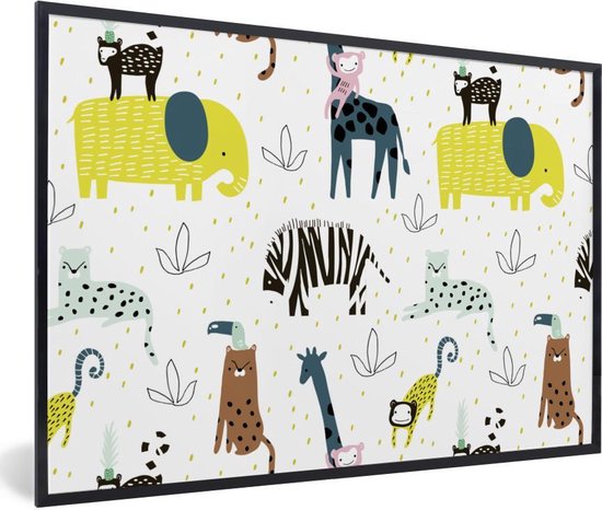 Fotolijst incl. Poster - Dieren - Jungle - Pastel - Kinderen - 120x80 cm - Posterlijst